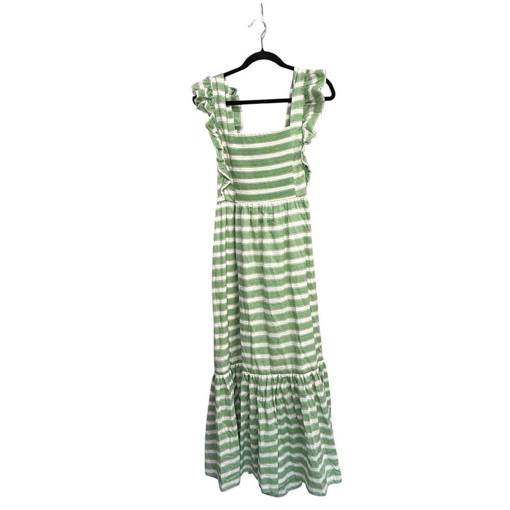 Ann Taylor Green White Striped Ruffle Tiered Maxi Dress 10 beach Summer Cotton - Picture 1 of 6
